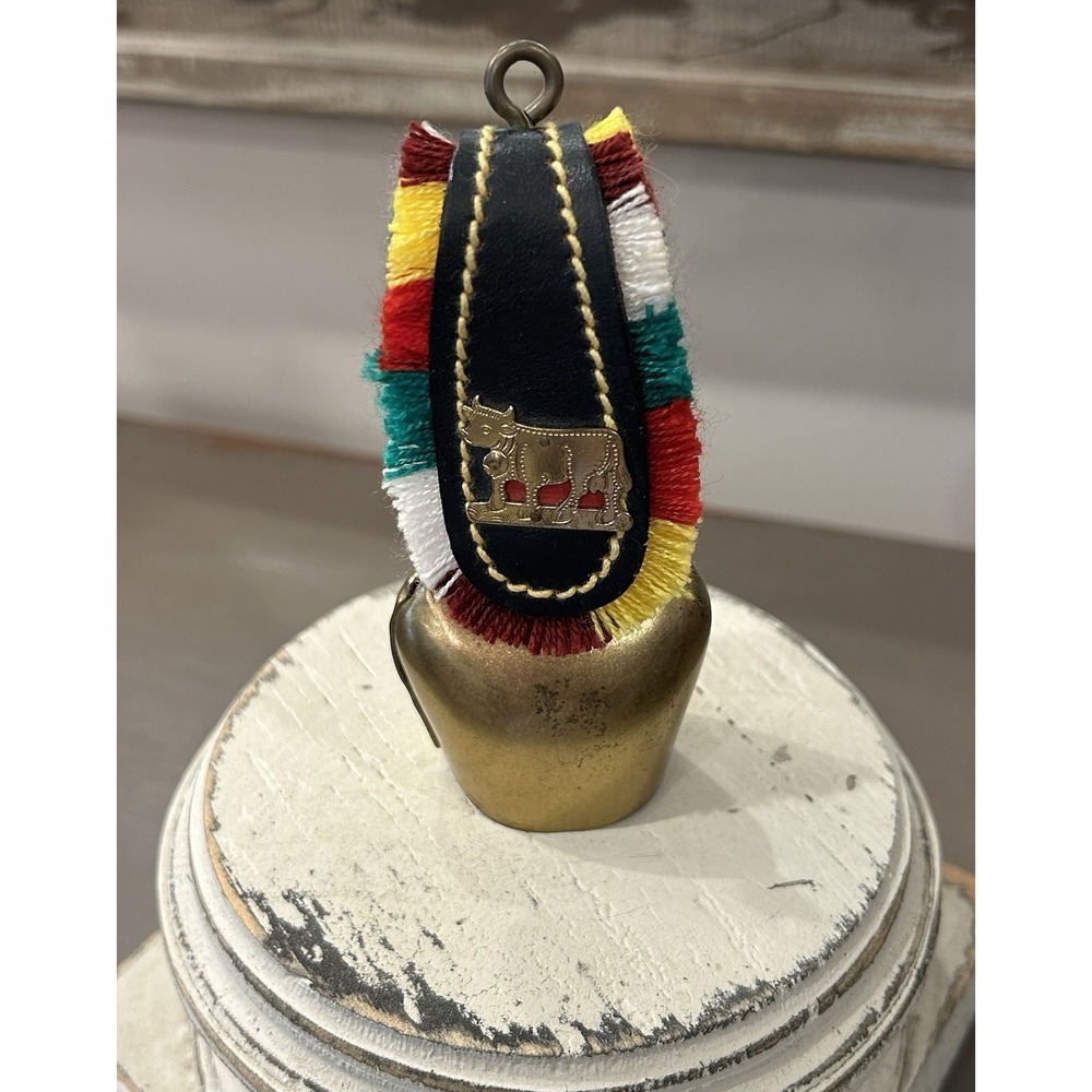 Vintage European Metal Cowbell With‎ Leather Strap, Colorful Fringe